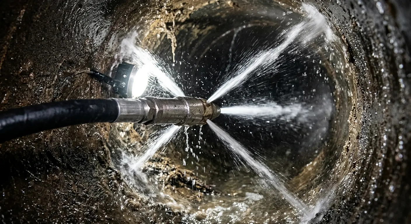High-pressure hydro jetting nozzle cleaning sewer pipe for Trenchless Sewer Repair in Richmond Heights