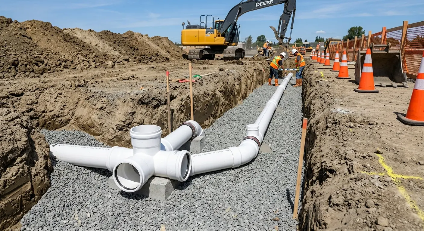 New PVC sewer pipe installation in open trench for Grease Trap Cleaning in Richmond Heights