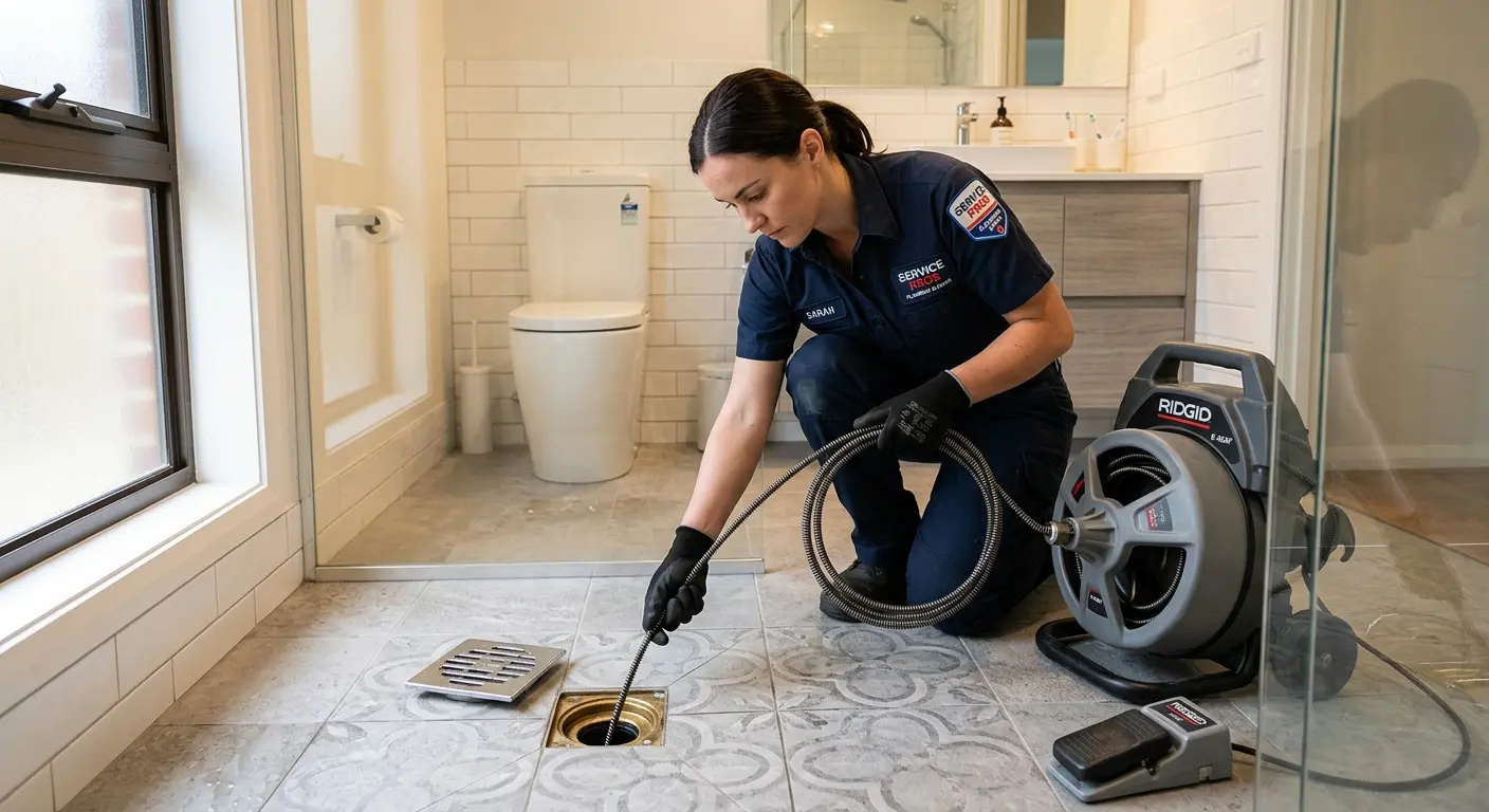 Technician clearing a bathroom floor drain for Sewer Line Installation in Richmond Heights